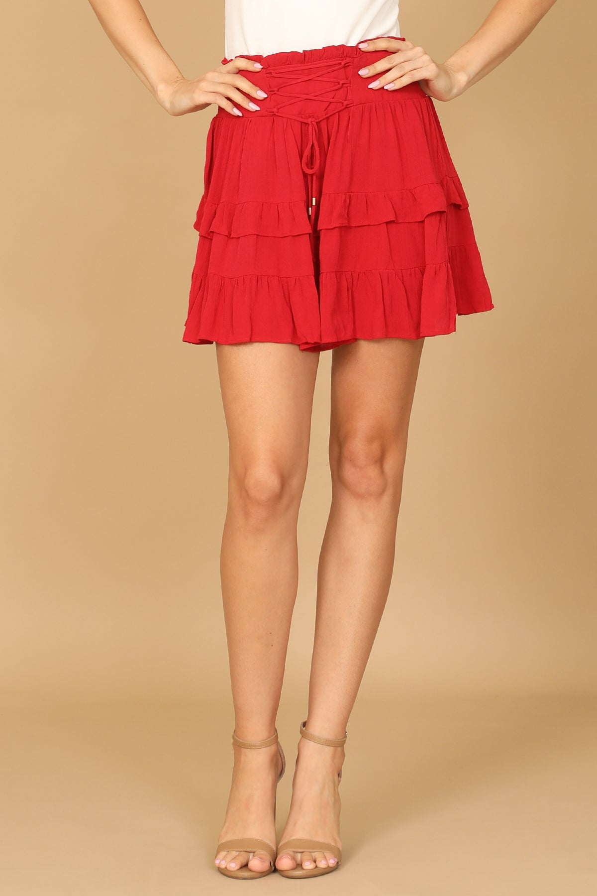 RED STRING TIE RUFFLE TIERED SKIRT 2-2-1