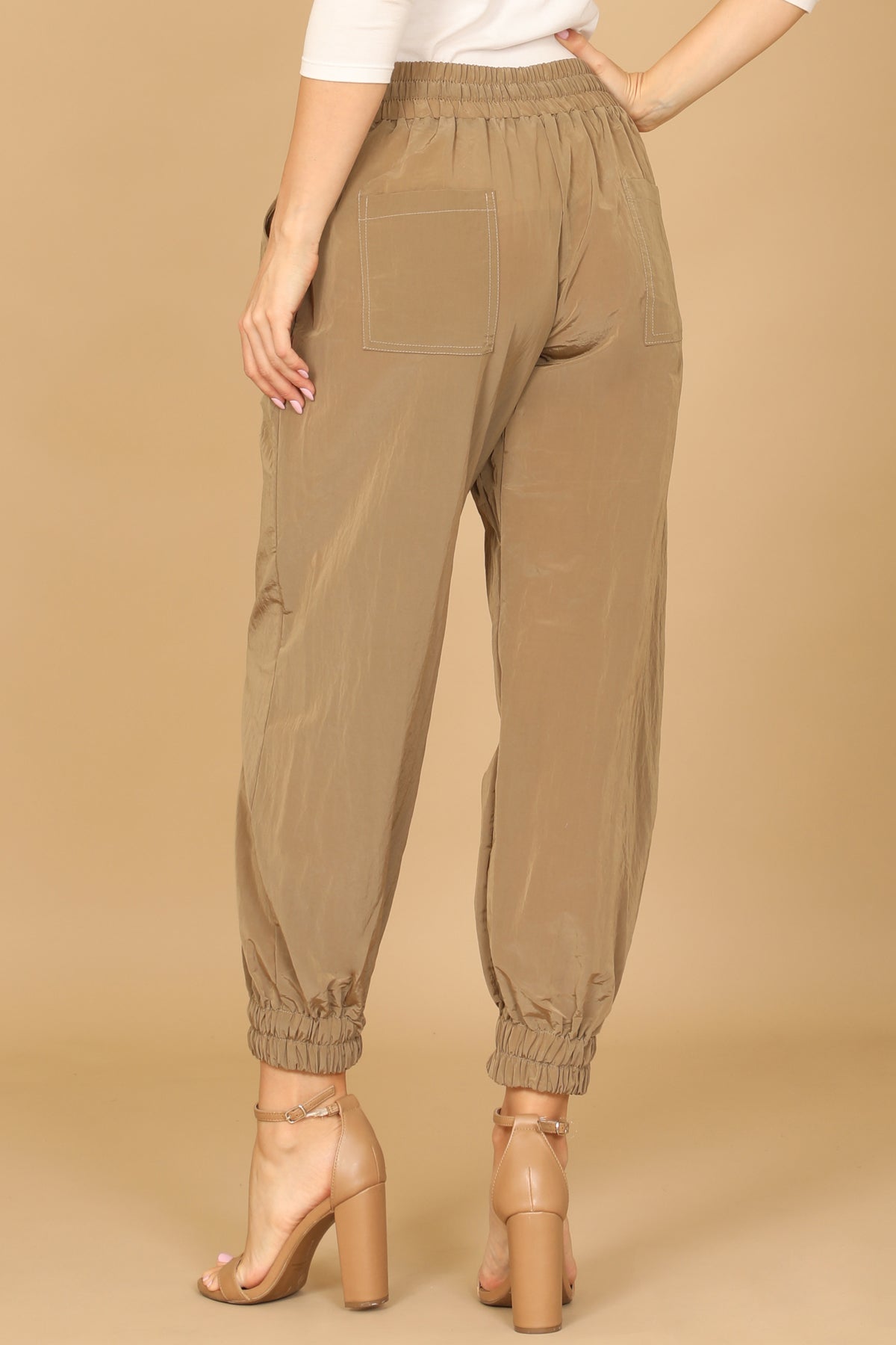 KHAKI WAIST TIE GARTERIZED HEM SOLID PANTS 2-2-1