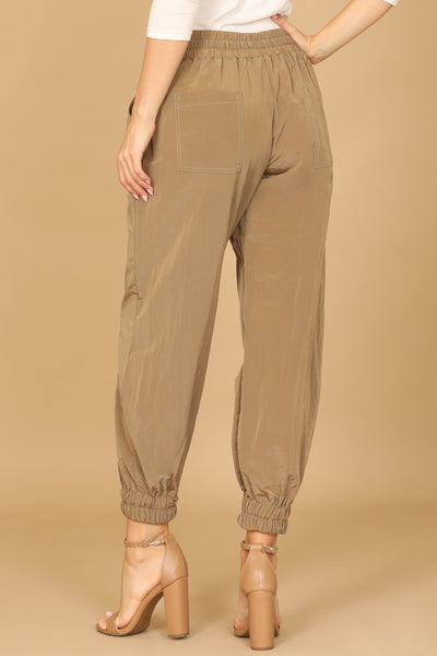 KHAKI WAIST TIE GARTERIZED HEM SOLID PANTS 2-2-1