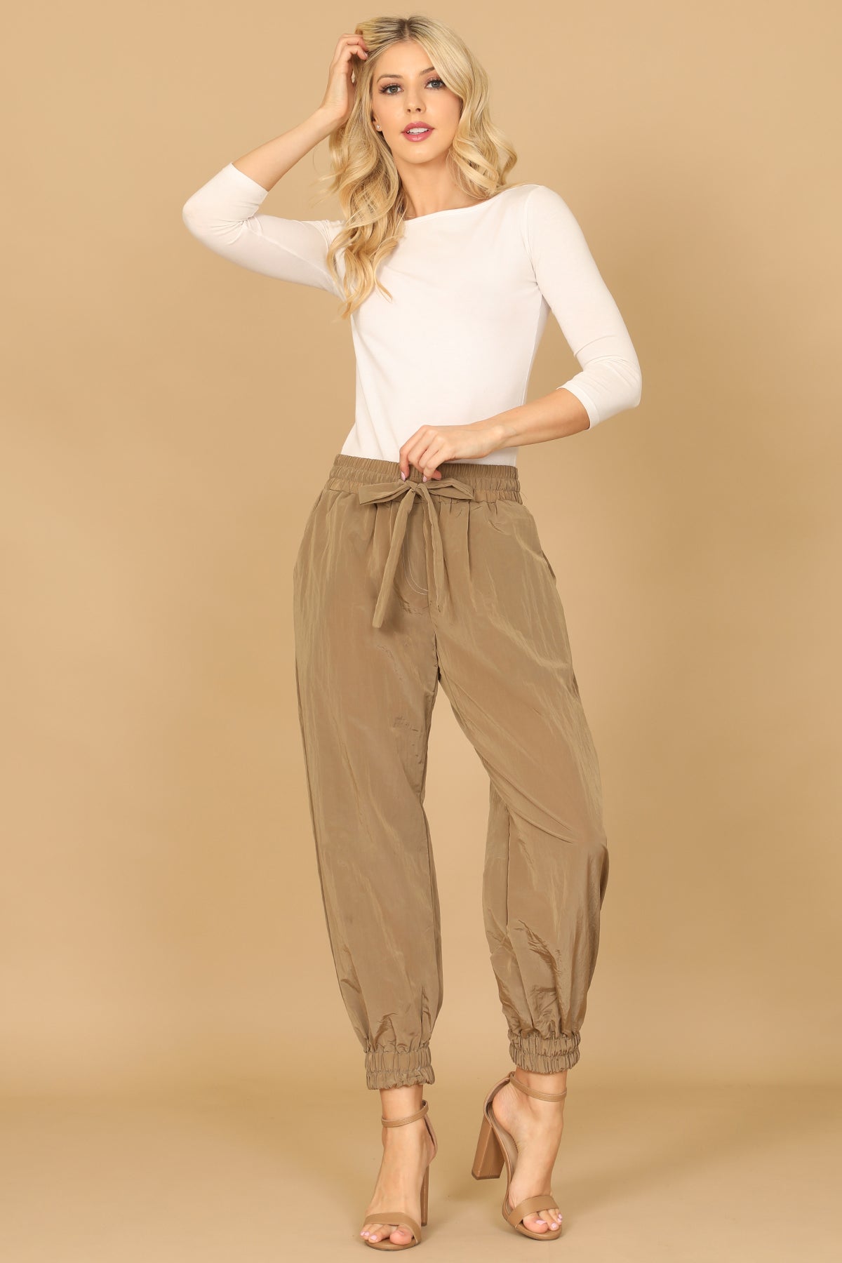 KHAKI WAIST TIE GARTERIZED HEM SOLID PANTS 2-2-1