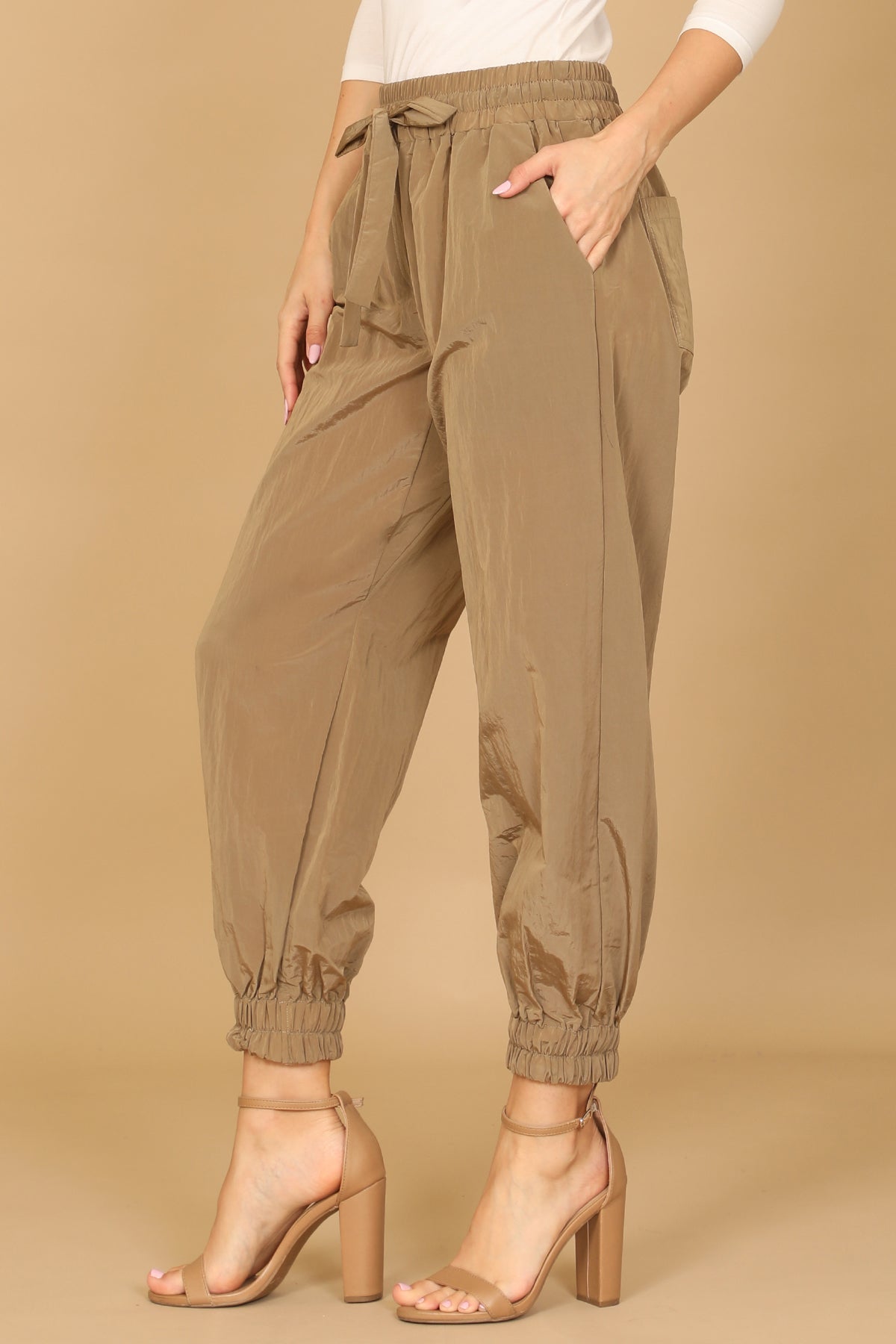 KHAKI WAIST TIE GARTERIZED HEM SOLID PANTS 2-2-1