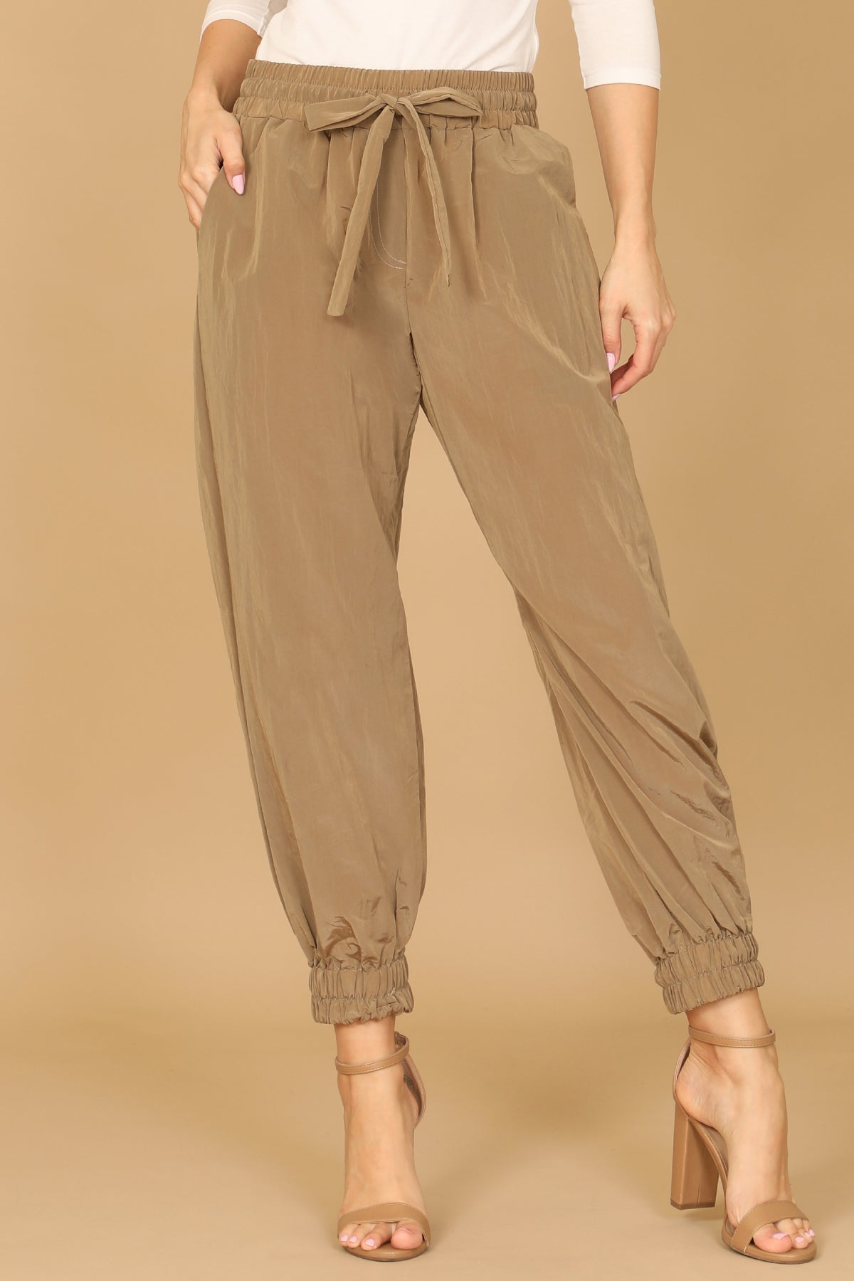 KHAKI WAIST TIE GARTERIZED HEM SOLID PANTS 2-2-1