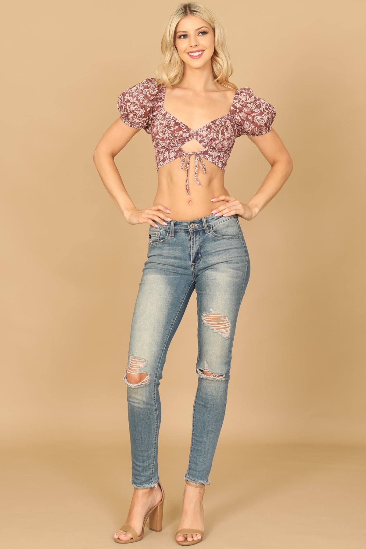 MAUVE CREAM PUFF SLEEVE FRONT CUT-OUT PRINTED CROP TOP 2-2-1