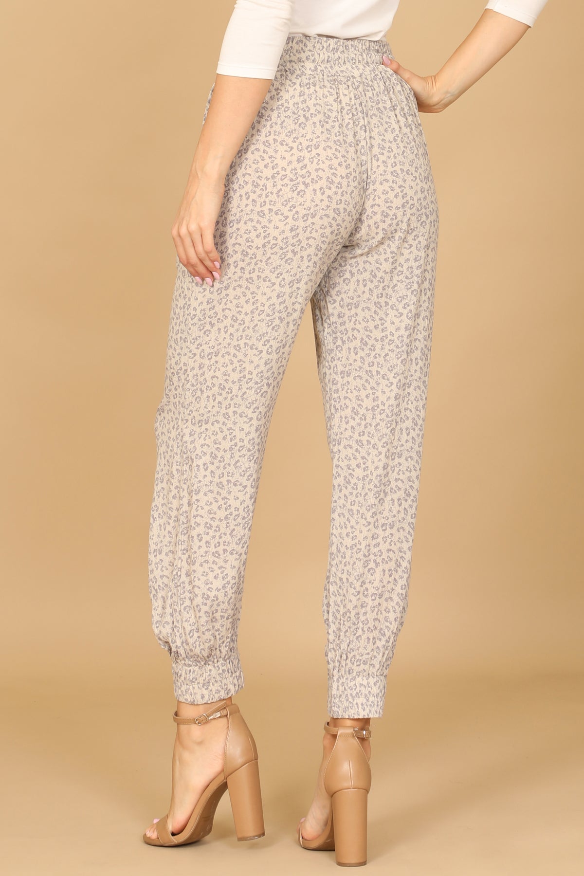 TAUPE GREY WAIST TIE GARTERIZED HEM LEOPARD PANTS 2-2-1