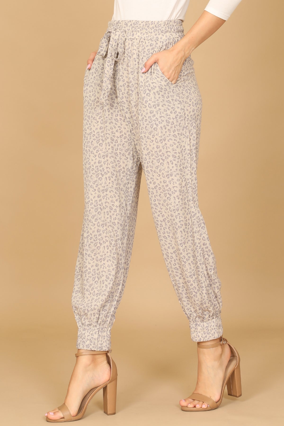 TAUPE GREY WAIST TIE GARTERIZED HEM LEOPARD PANTS 2-2-1