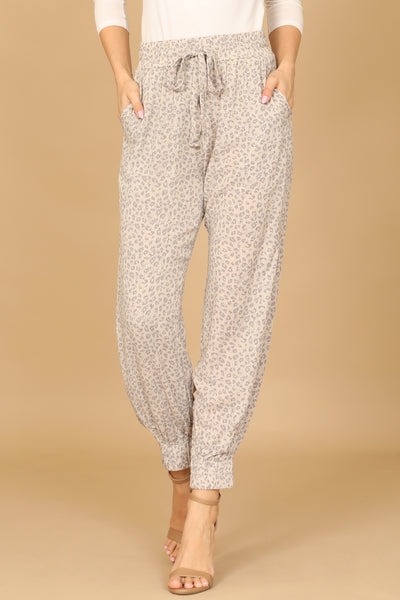 TAUPE GREY WAIST TIE GARTERIZED HEM LEOPARD PANTS 2-2-1