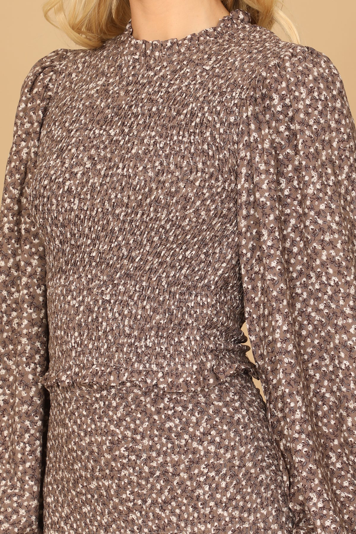 MOCHA BEIGE FLORAL LONG PUFF SLEEVE TOP SMOCKED SKIRT 2-2-1