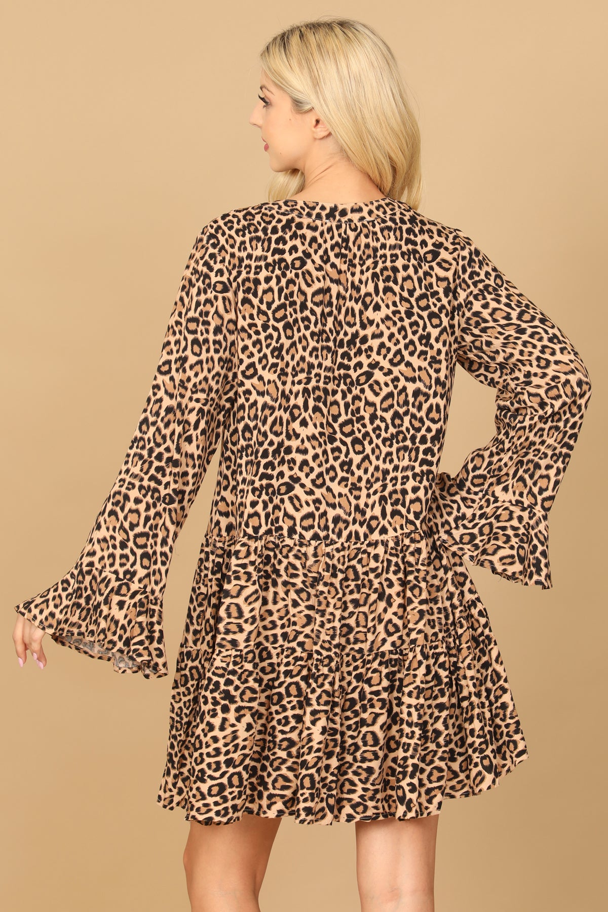 TAUPE BLACK FLOUNCE SLEEVE KEYHOLE TIE TIERED LEOPARD DRESS 2-2-1