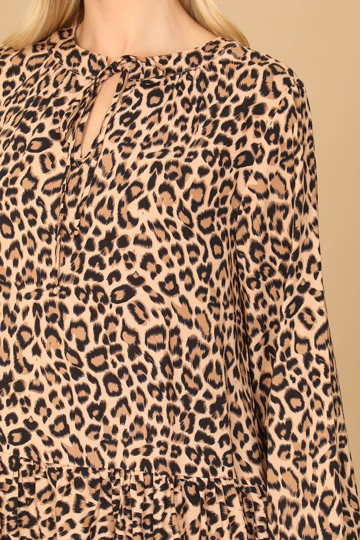 TAUPE BLACK FLOUNCE SLEEVE KEYHOLE TIE TIERED LEOPARD DRESS 2-2-1