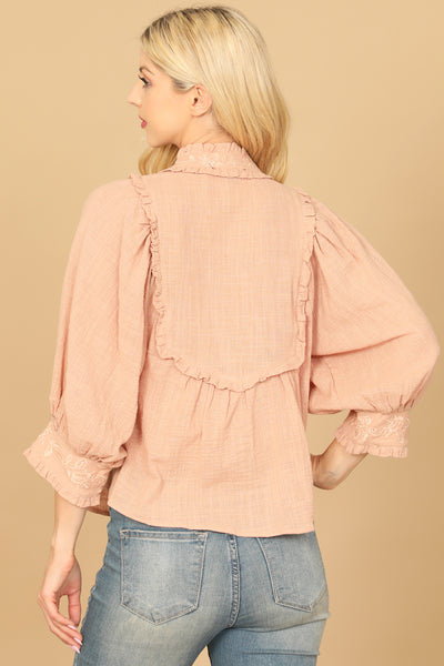 DUSTY PEACH BIB NECK FLORAL PATCH PUFF SLEEVE SOLID TOP 2-2-1