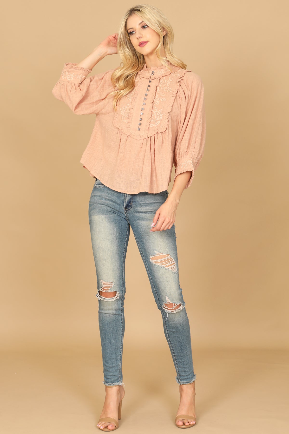 DUSTY PEACH BIB NECK FLORAL PATCH PUFF SLEEVE SOLID TOP 2-2-1