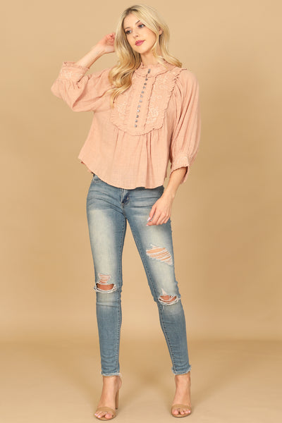 DUSTY PEACH BIB NECK FLORAL PATCH PUFF SLEEVE SOLID TOP 2-2-1