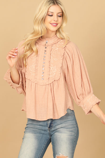 DUSTY PEACH BIB NECK FLORAL PATCH PUFF SLEEVE SOLID TOP 2-2-1