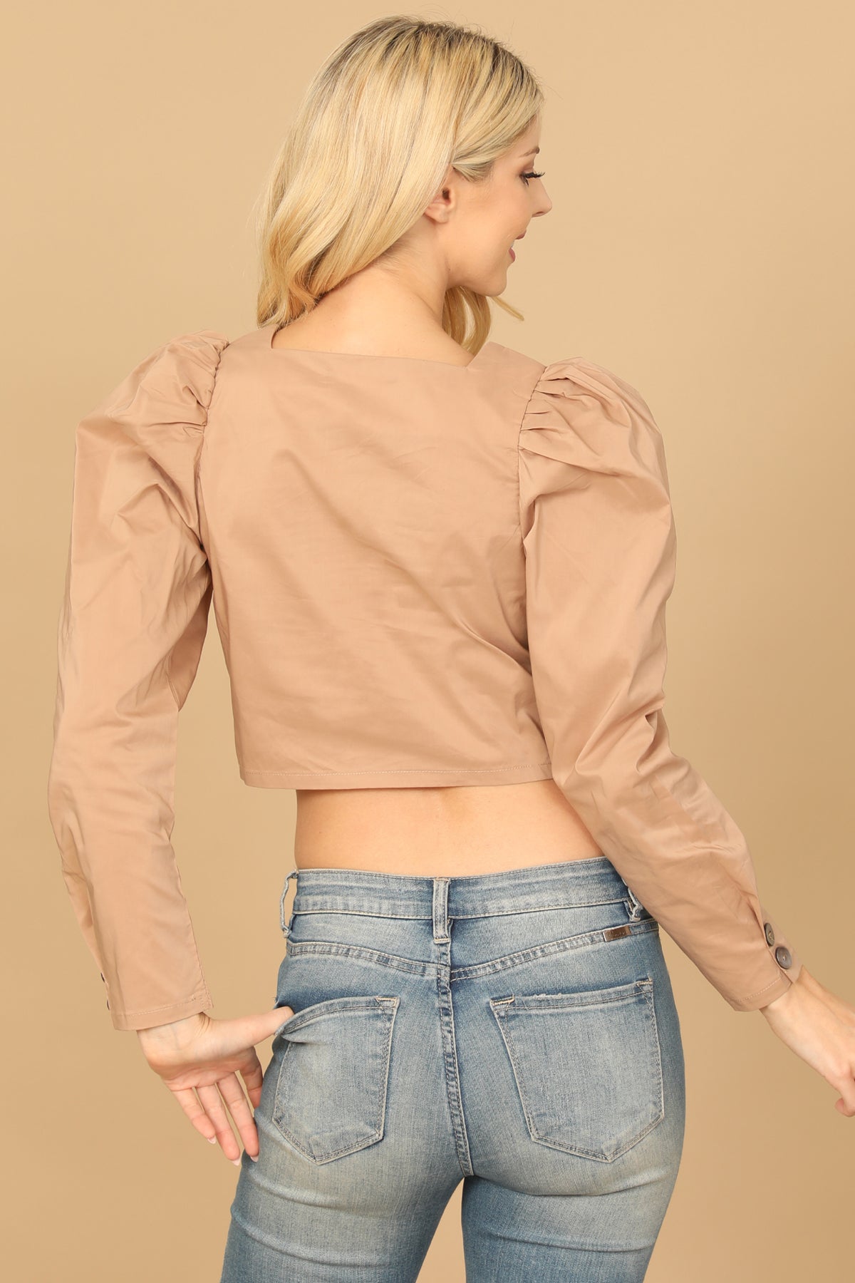 SQUARE NECK PLEATED LONG SLEEVE SOLID CROP TOP 2-2-1