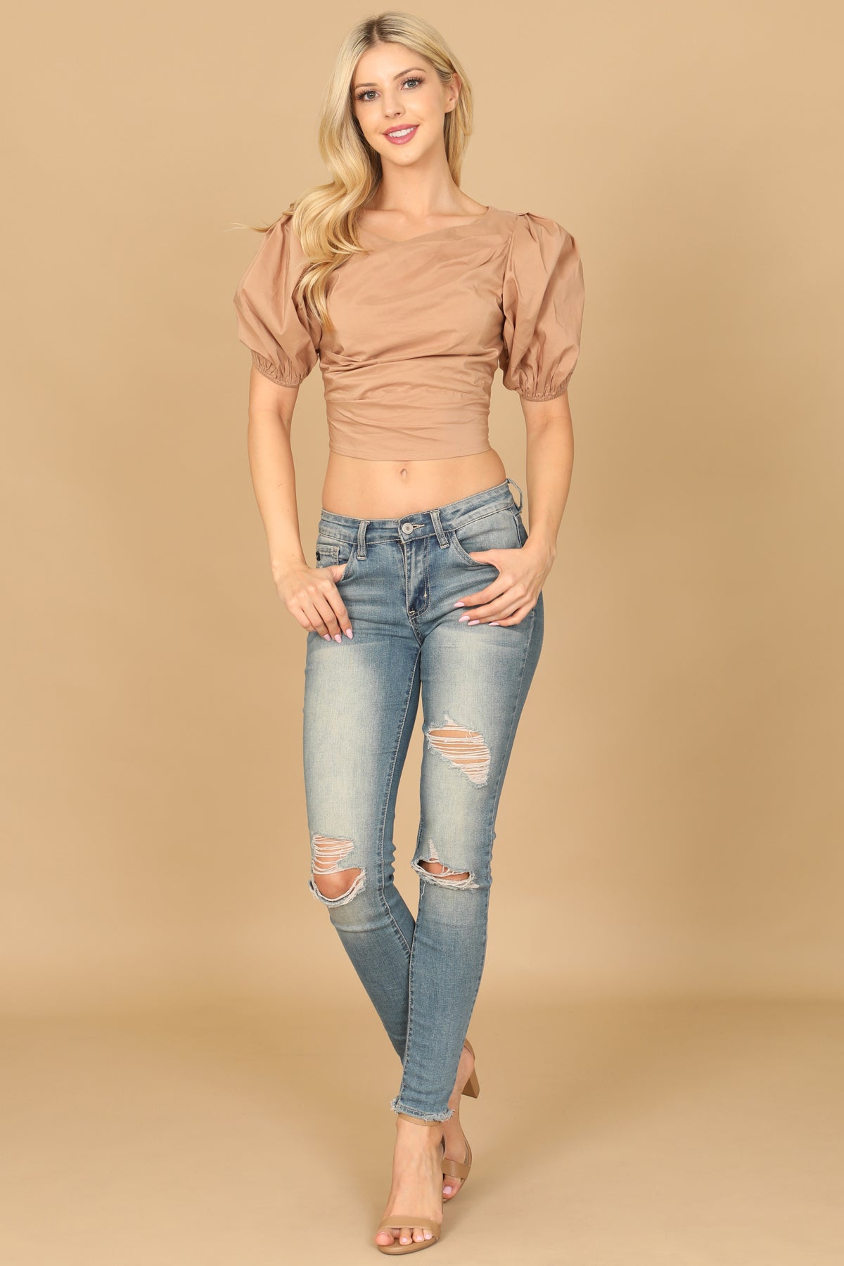 PUFF SLEEVE CRISS-CROSS TIE BACK SOLID CROP TOP 2-2-1