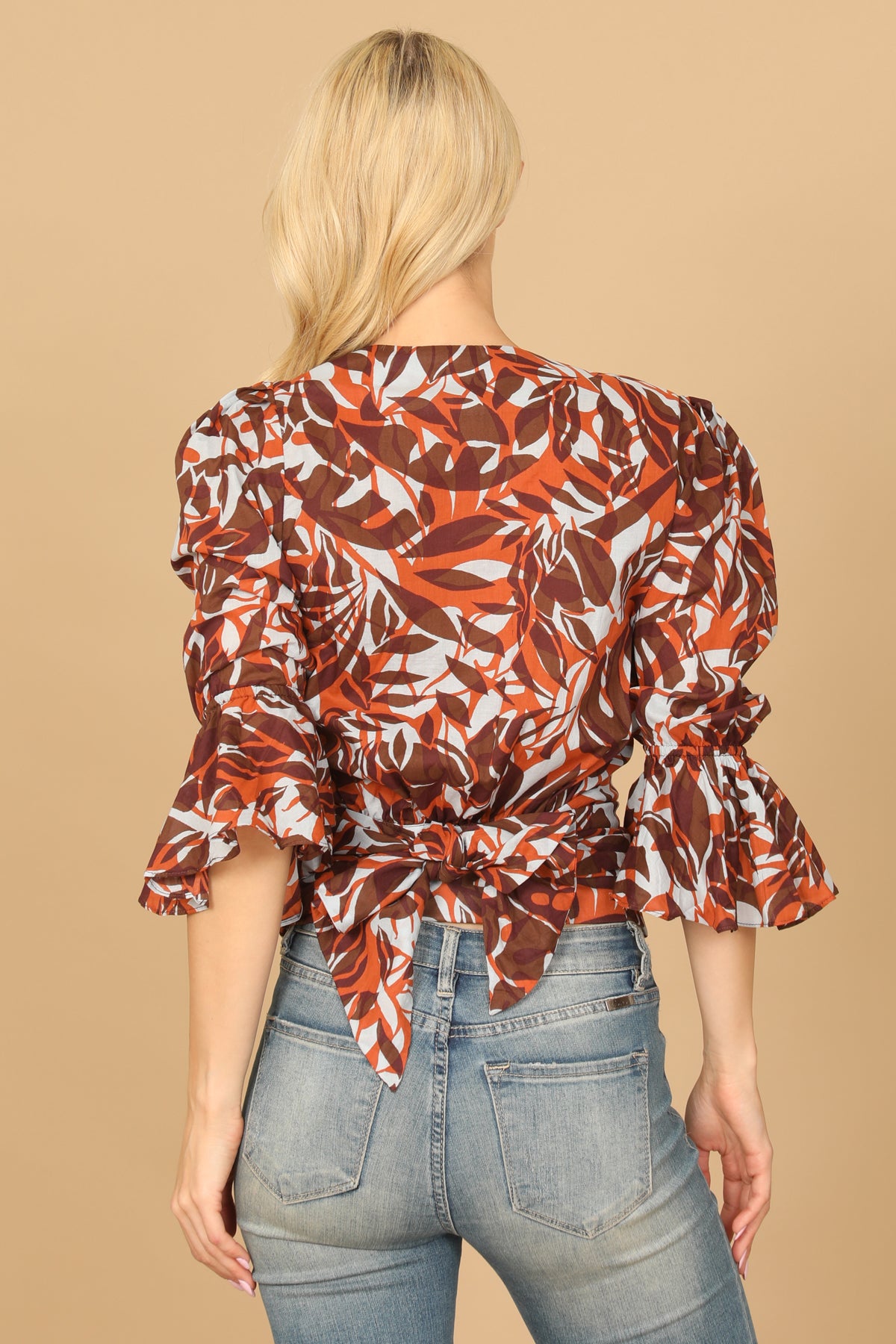 RUST BLUE FLOUNCE SLEEVE WRAP PRINTED BACK RIBBON CROP TOP 2-2-1