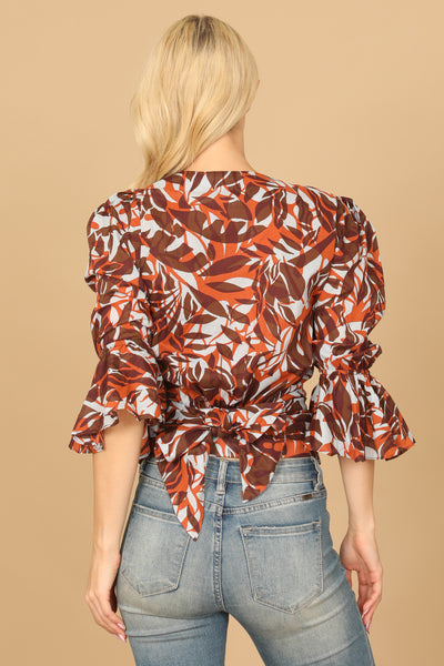 RUST BLUE FLOUNCE SLEEVE WRAP PRINTED BACK RIBBON CROP TOP 2-2-1