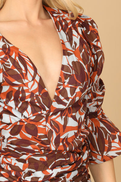 RUST BLUE FLOUNCE SLEEVE WRAP PRINTED BACK RIBBON CROP TOP 2-2-1