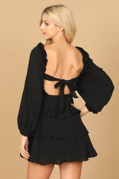 BLACK LONG PUFF SLEEVE SMOCKED RUFFLE LAYERED MINI DRESS 2-2-1