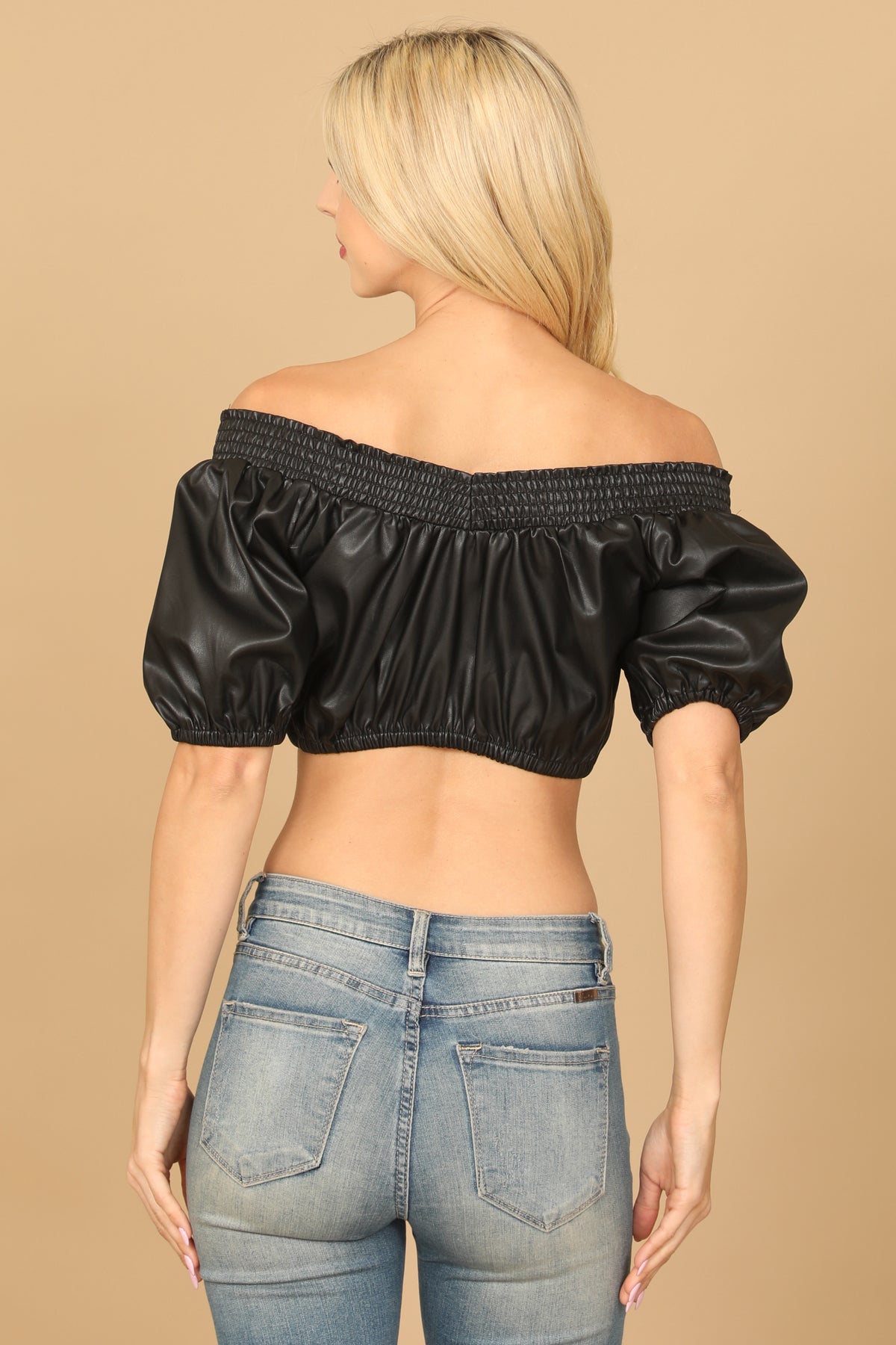 BLACK LEATHER OFF-SHOULDER CROP TOP 2-2-1