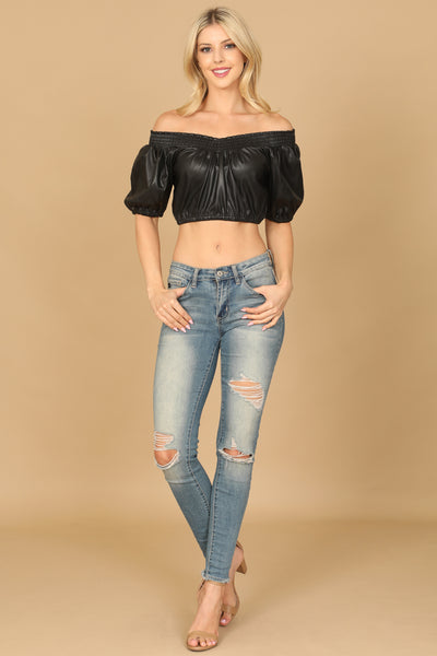 BLACK LEATHER OFF-SHOULDER CROP TOP 2-2-1