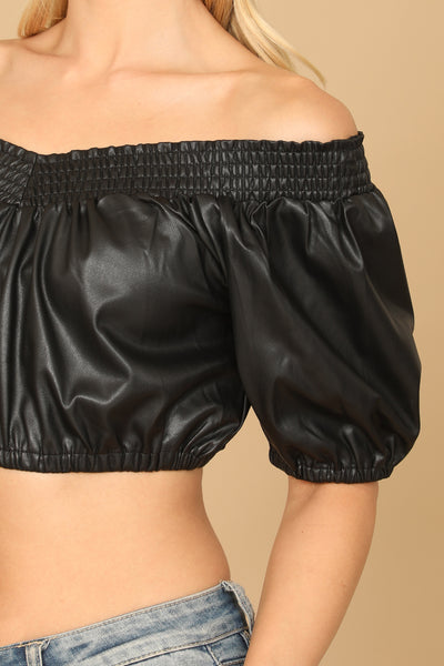 BLACK LEATHER OFF-SHOULDER CROP TOP 2-2-1