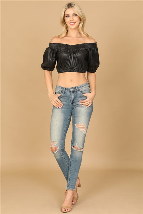 T06135-LEATHER OFF-SHOULDER CROP TOP 0-2-1