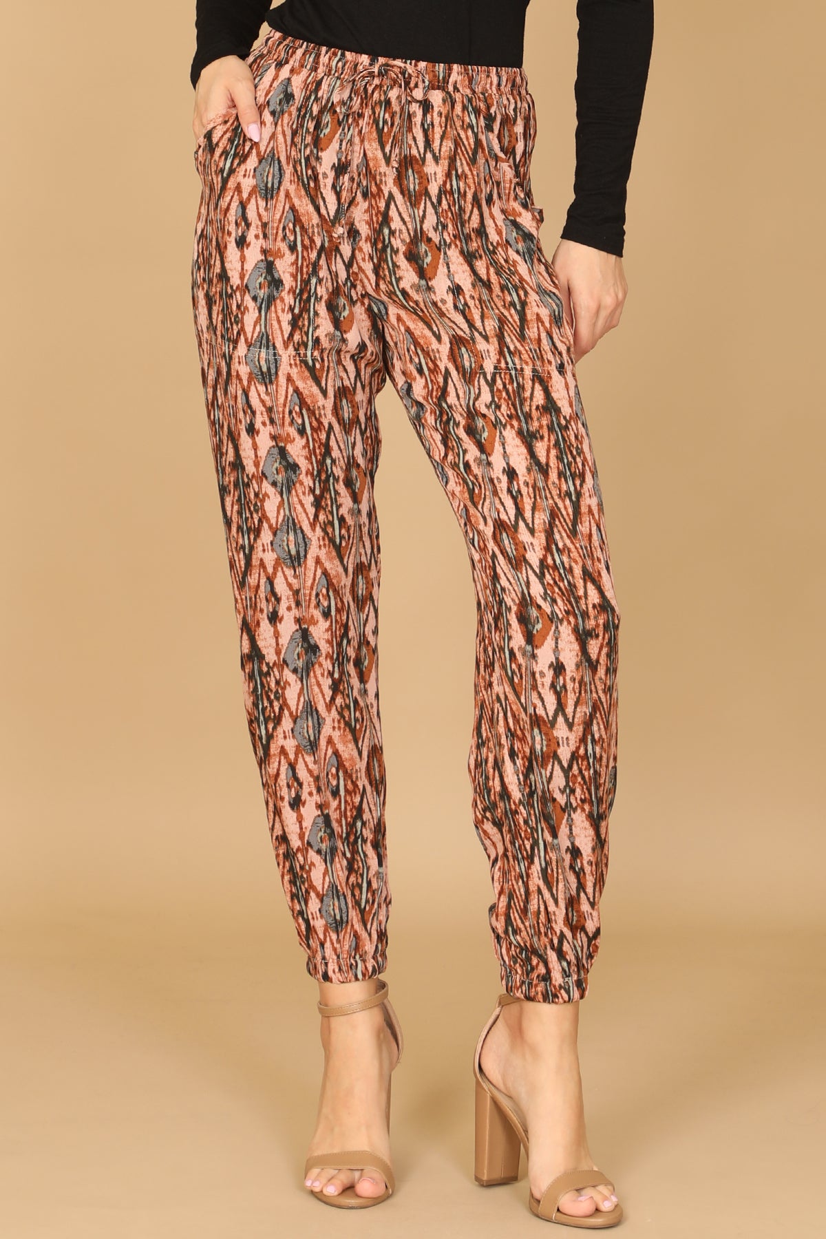 SALMON RUST WAIST TIE PRINTED JOGGER PANTS 2-2-1