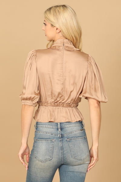 RUFFLE NECK PUFF SLEEVE CINCH WAIST SATINY CROP TOP 2-2-1