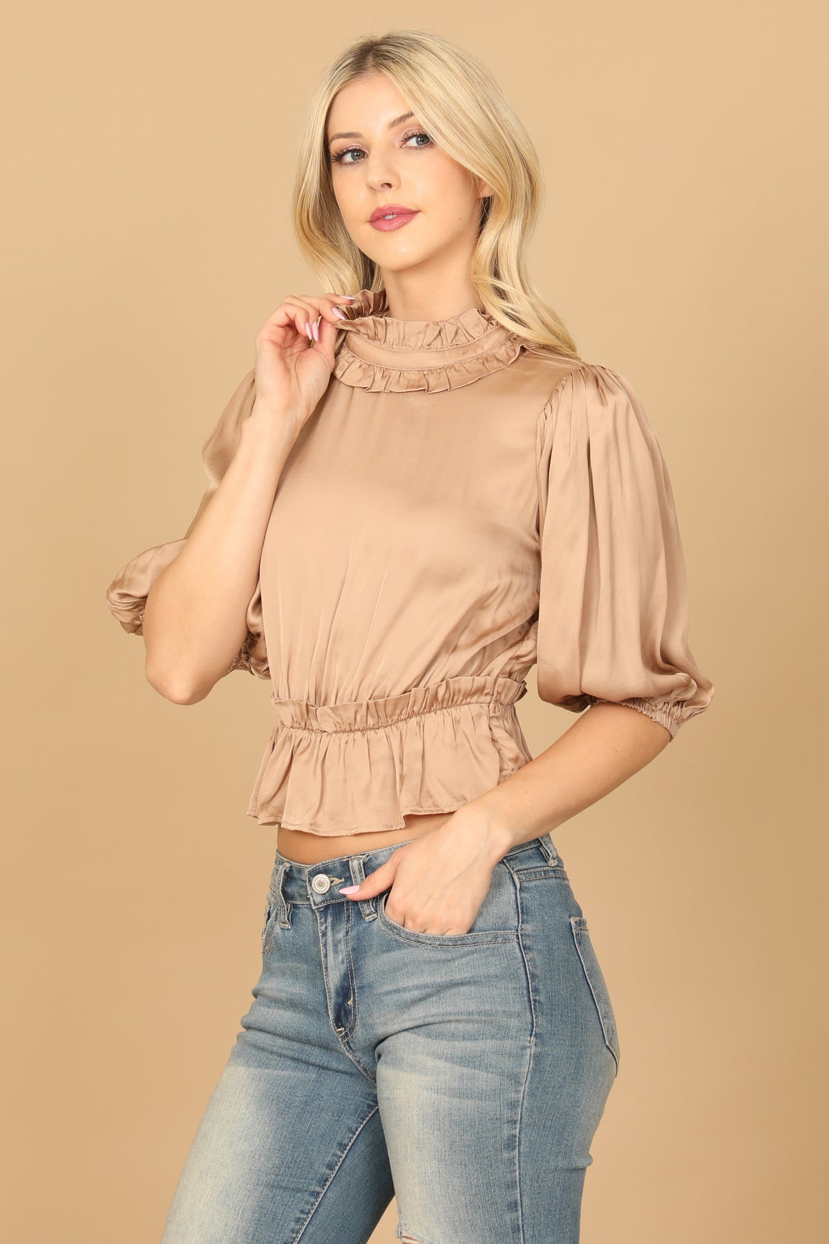 RUFFLE NECK PUFF SLEEVE CINCH WAIST SATINY CROP TOP 2-2-1