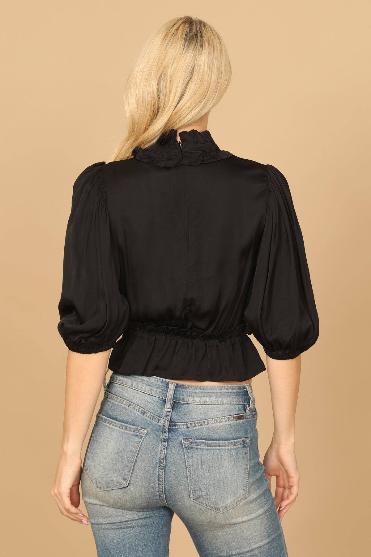 RUFFLE NECK PUFF SLEEVE CINCH WAIST SATINY CROP TOP 2-2-1