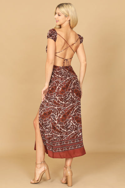 BROWN PINK CAP SLEEVE SIDE CUT-OUT SLIT PRINTED DRESS 2-2-1