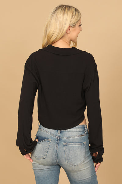 DEEP NECK FRONT KNOT LONG SLEEVE CROP TOP 2-2-1