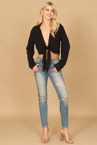 DEEP NECK FRONT KNOT LONG SLEEVE CROP TOP 2-2-1