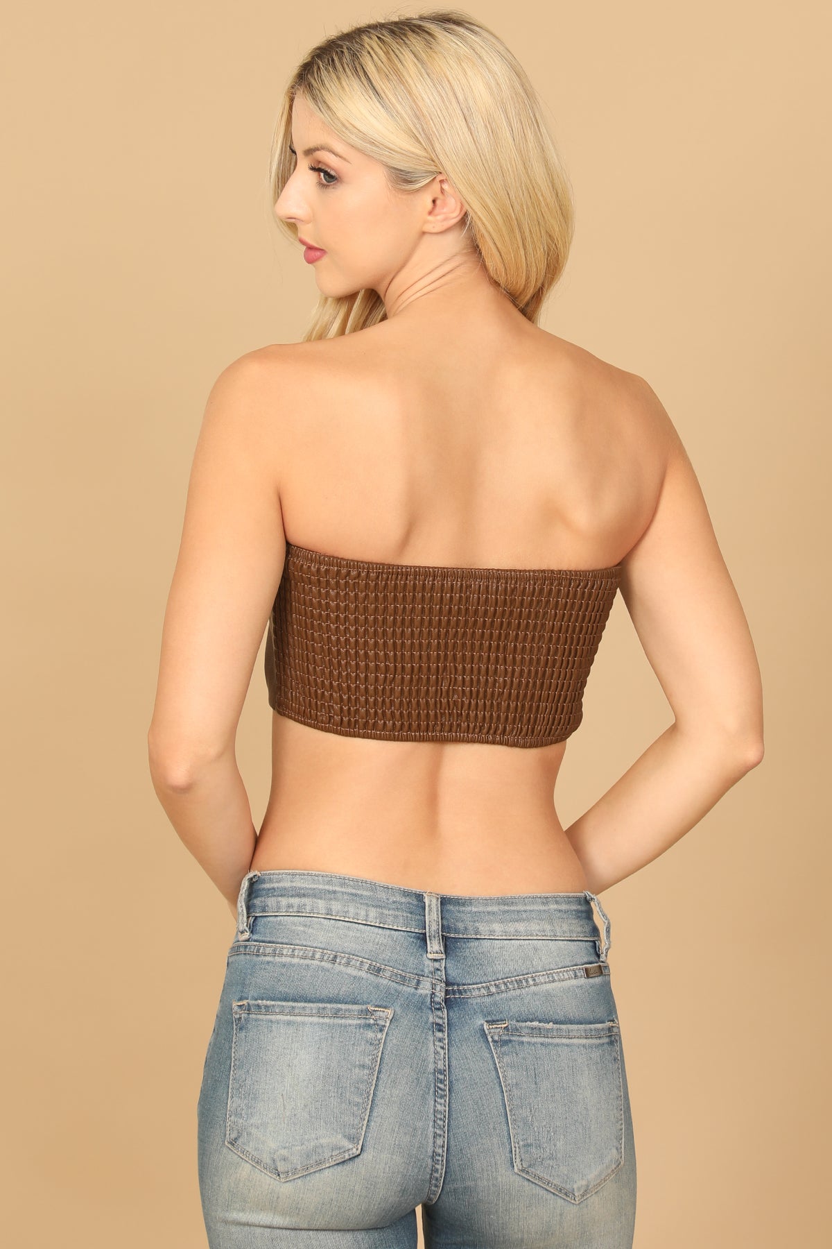 BROWN FAUX LEATHER RUCHED STRAPLESS CROP TOP 2-2-1