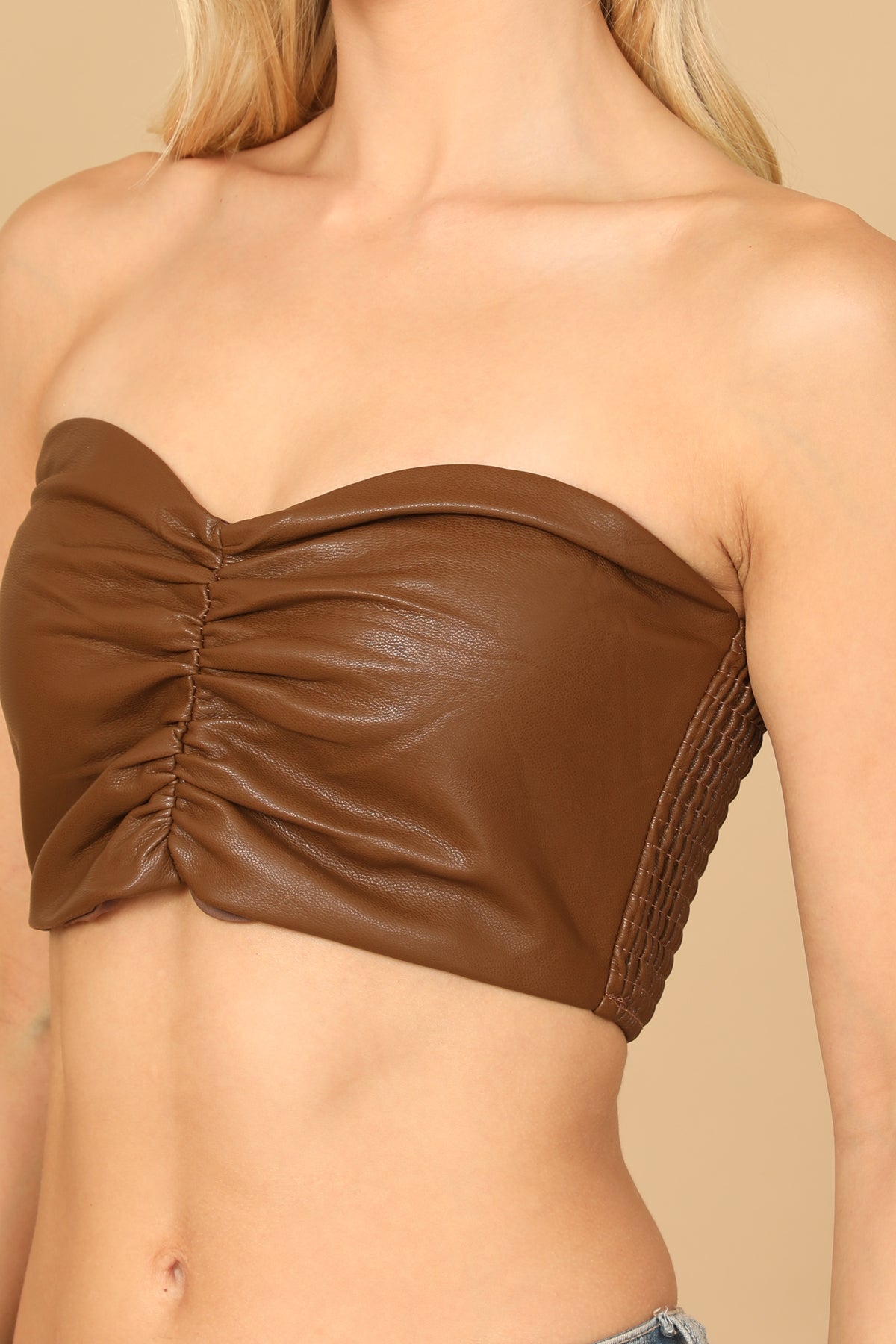 BROWN FAUX LEATHER RUCHED STRAPLESS CROP TOP 2-2-1