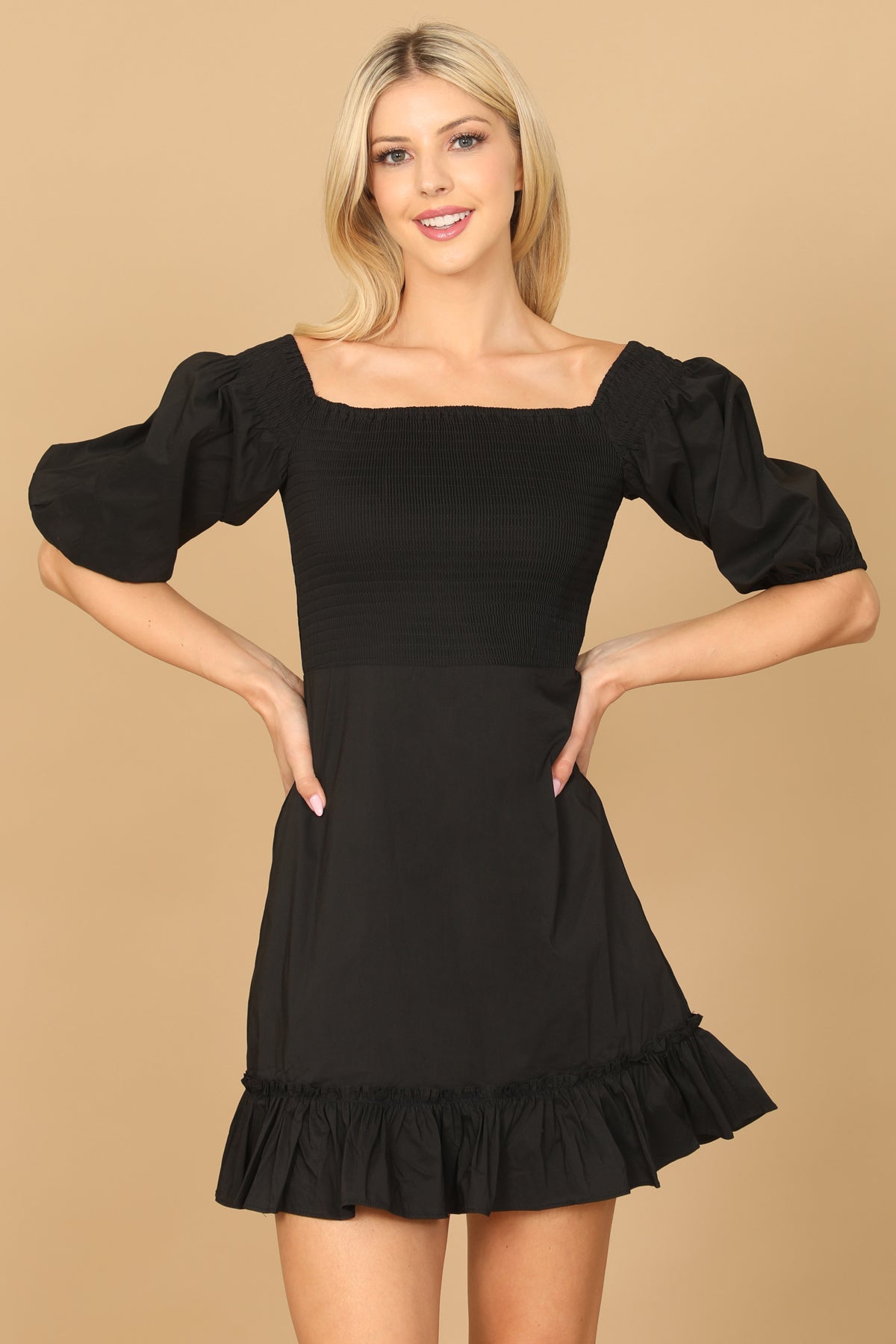 PUFF SLEEVE SMOCKED RUFFLE HEM SOLID DRESS 2-2-1