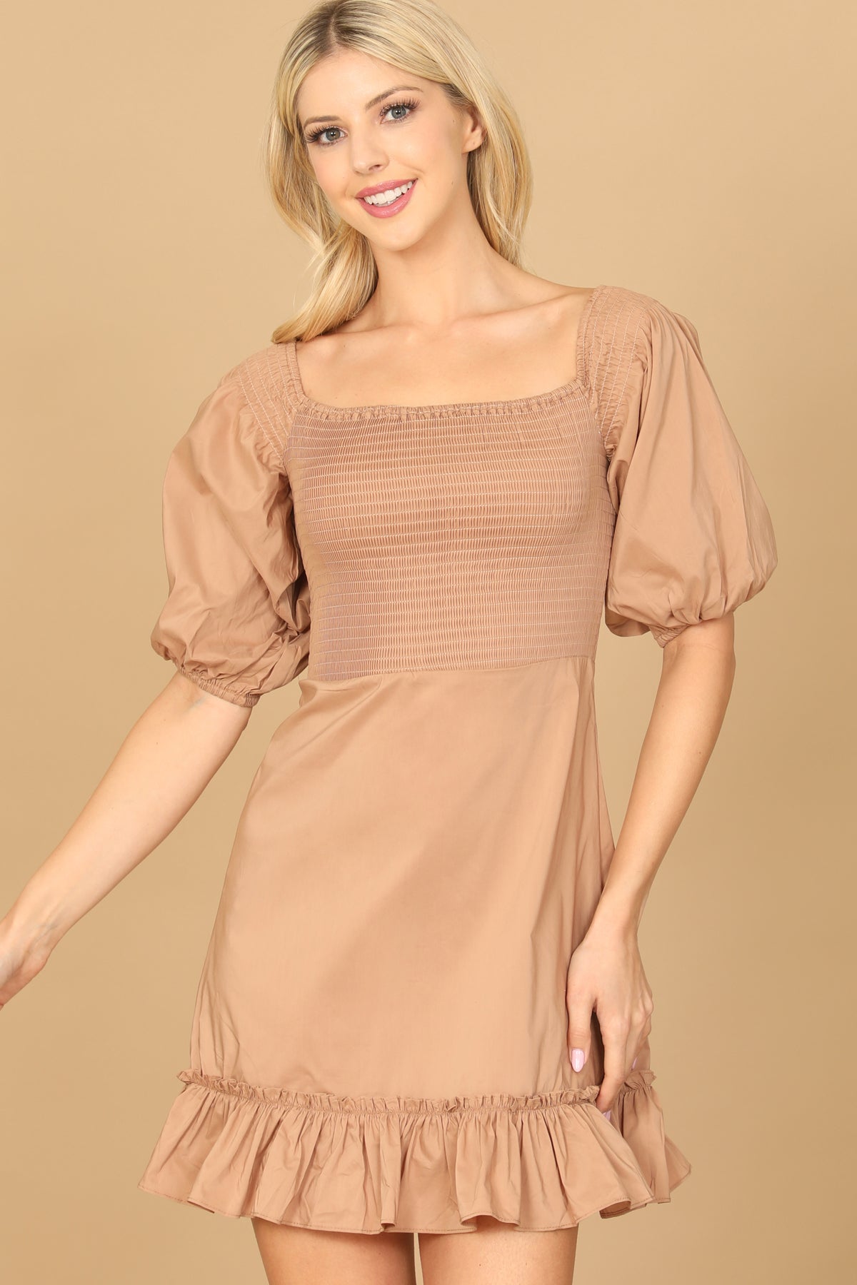 PUFF SLEEVE SMOCKED RUFFLE HEM SOLID DRESS 2-2-1