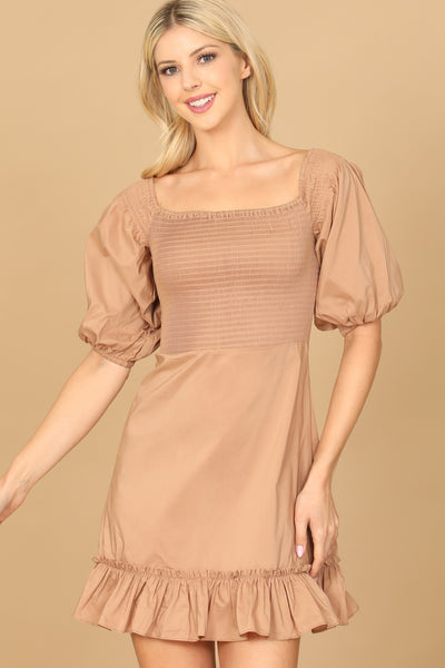 PUFF SLEEVE SMOCKED RUFFLE HEM SOLID DRESS 2-2-1