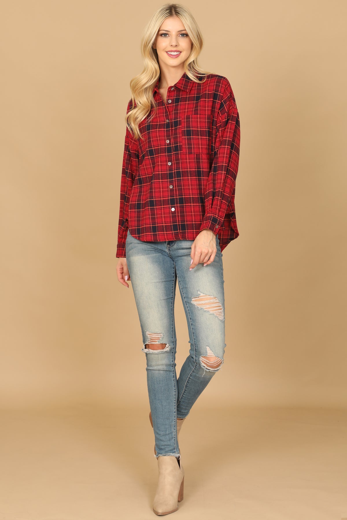 RED PLAID LONG SLEEVE BUTTON DOWN TOP 2-2-1