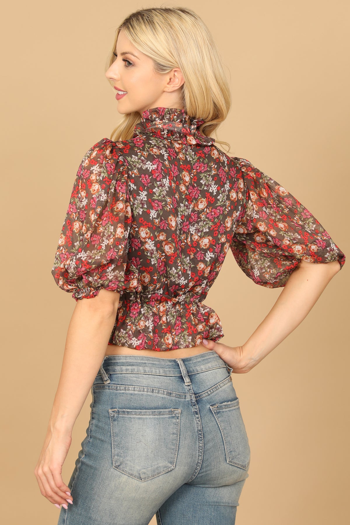 BLACK FLORAL HIGH NECK RUFFLE DETAIL PUFF SLEEVE CROP TOP 2-2-1