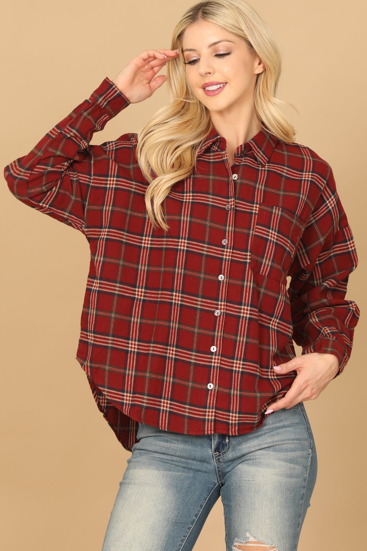 RED PLAID LONG SLEEVE BUTTON DOWN TOP 2-2-1