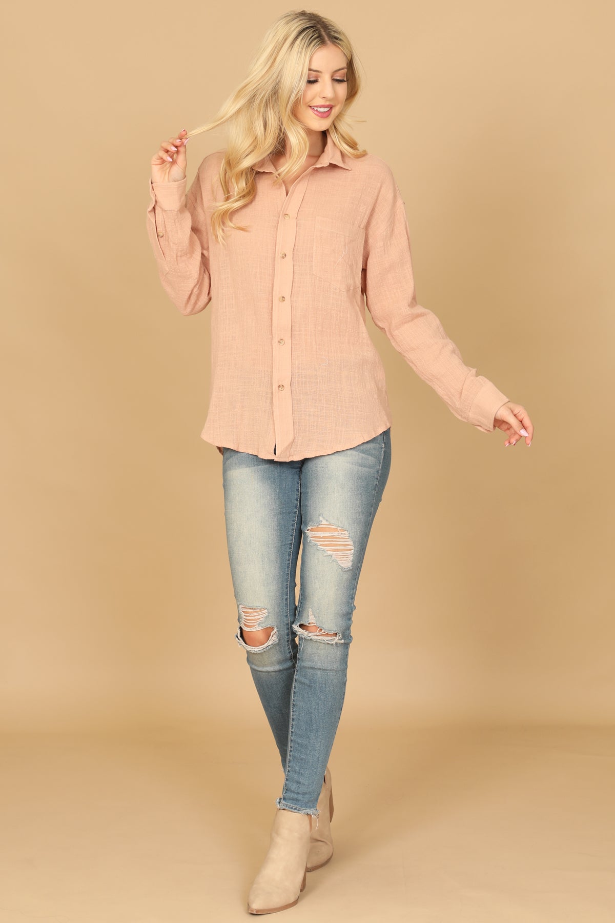 TEXTURED BUTTON DOWN LONG SLEEVE TOP 2-2-1