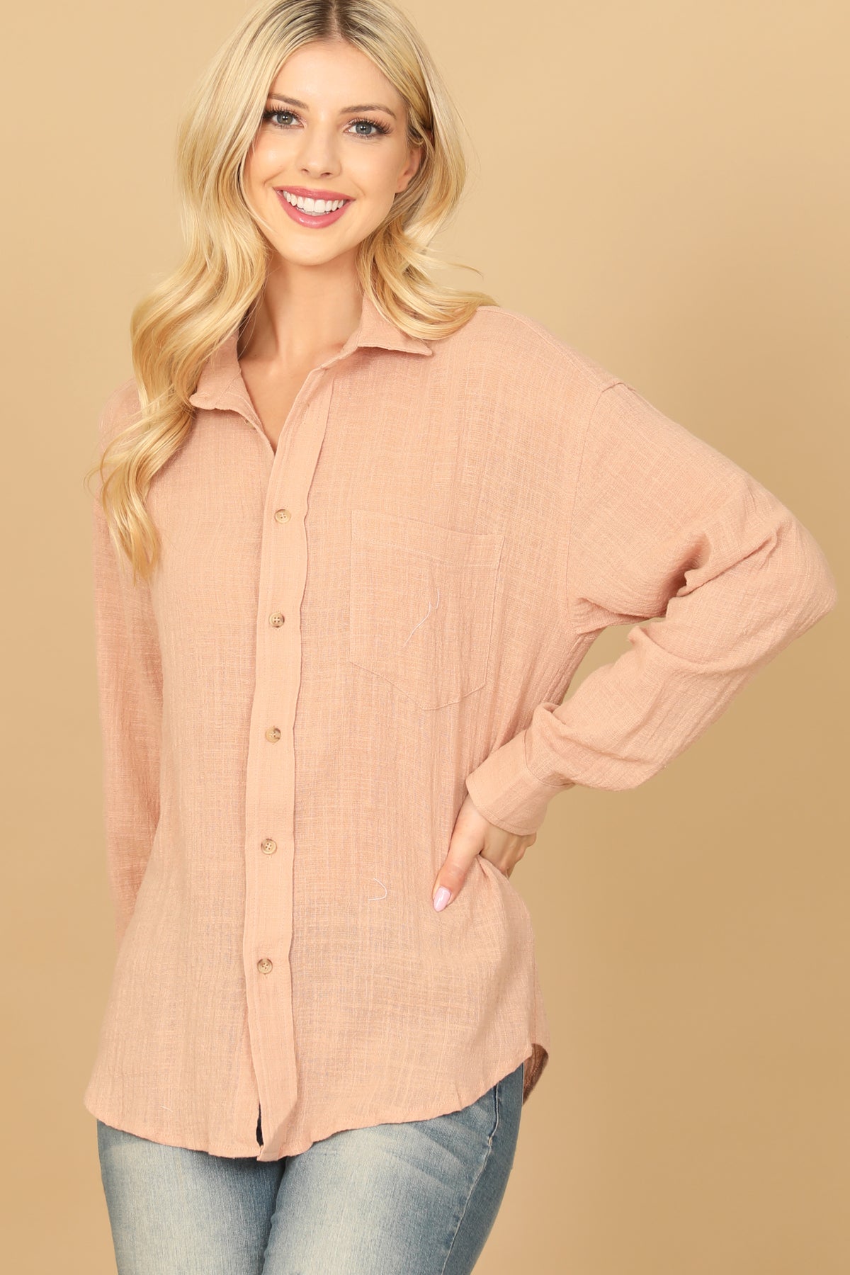 TEXTURED BUTTON DOWN LONG SLEEVE TOP 2-2-1