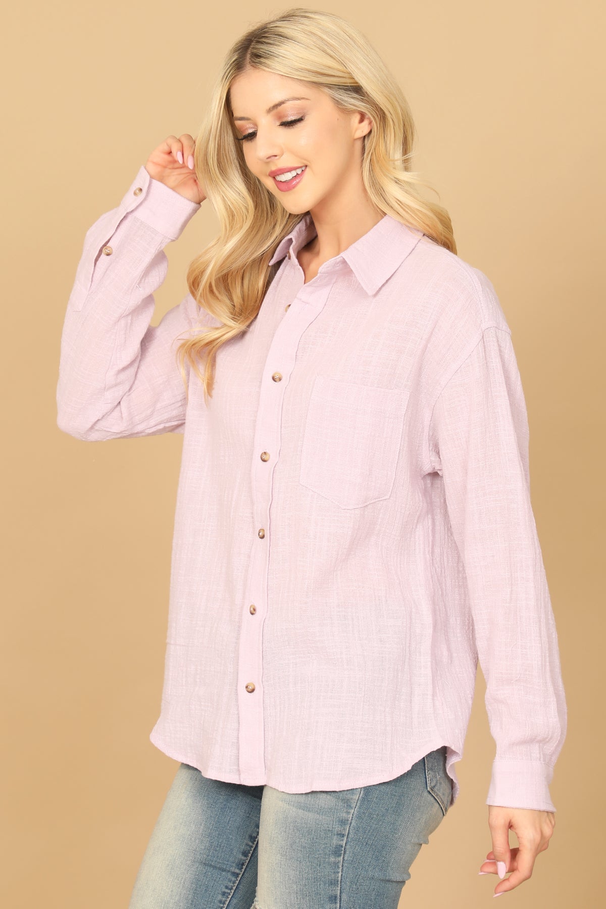 TEXTURED BUTTON DOWN LONG SLEEVE TOP 2-2-1