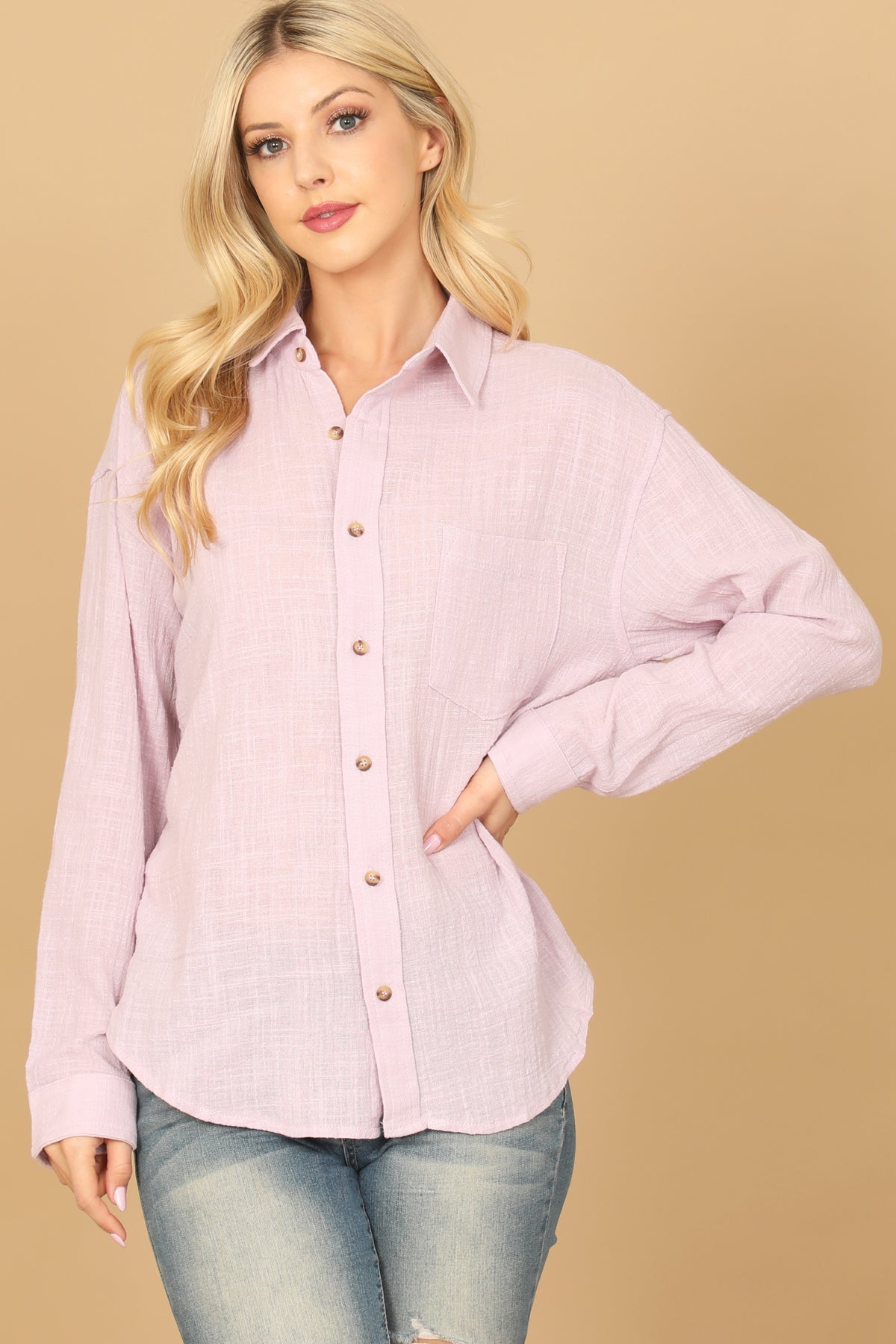 TEXTURED BUTTON DOWN LONG SLEEVE TOP 2-2-1