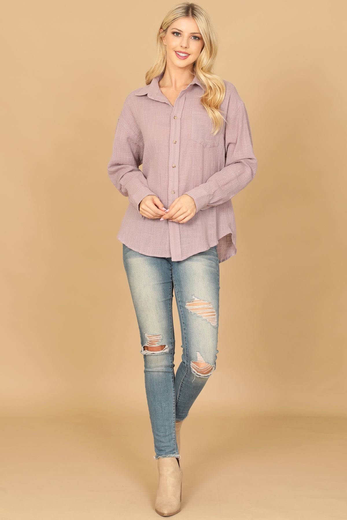 TEXTURED BUTTON DOWN LONG SLEEVE TOP 2-2-1