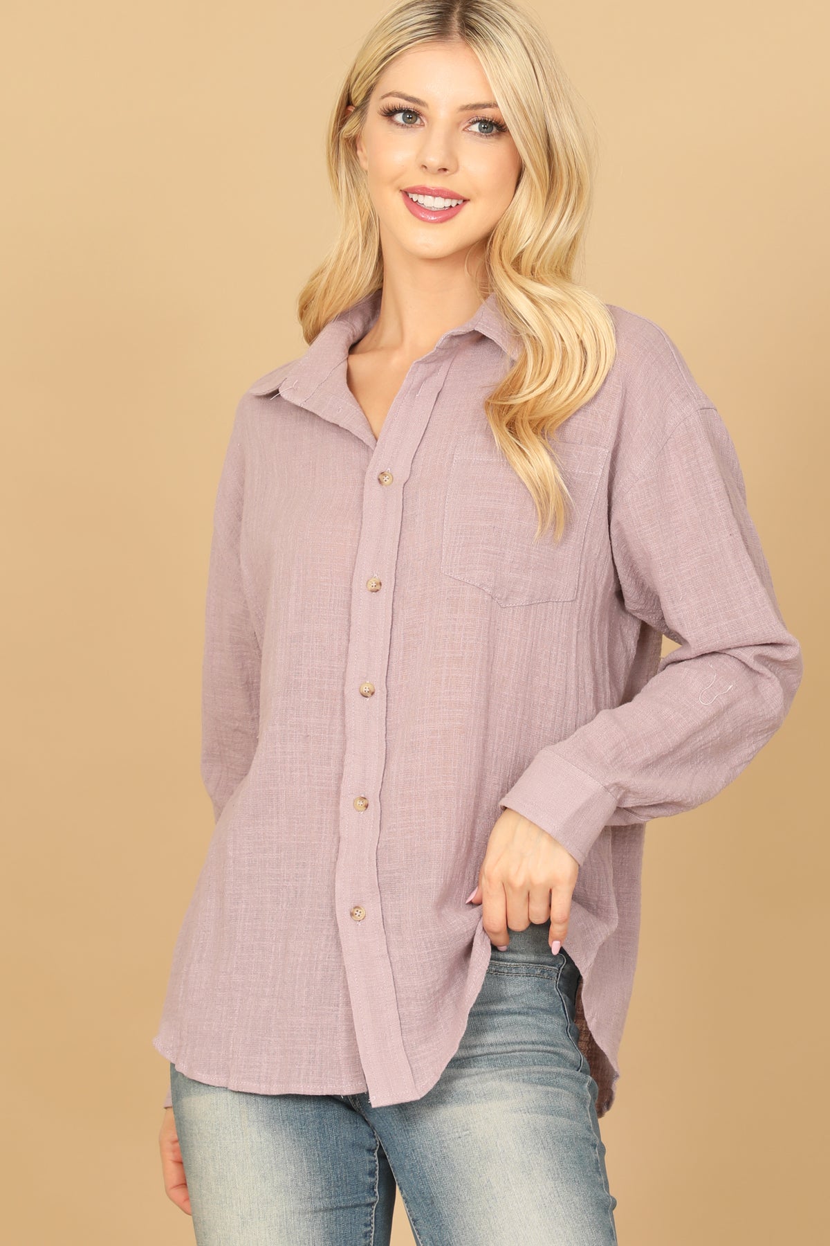 TEXTURED BUTTON DOWN LONG SLEEVE TOP 2-2-1