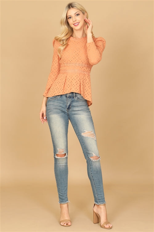 T417-PEACH EYELET LONG PUFF SLEEVE TOP 2-2-1