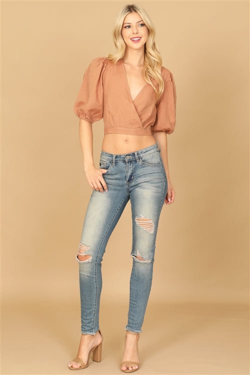 T397-PUFF SLEEVE WRAP SOLID CROP TOP 0-3-0